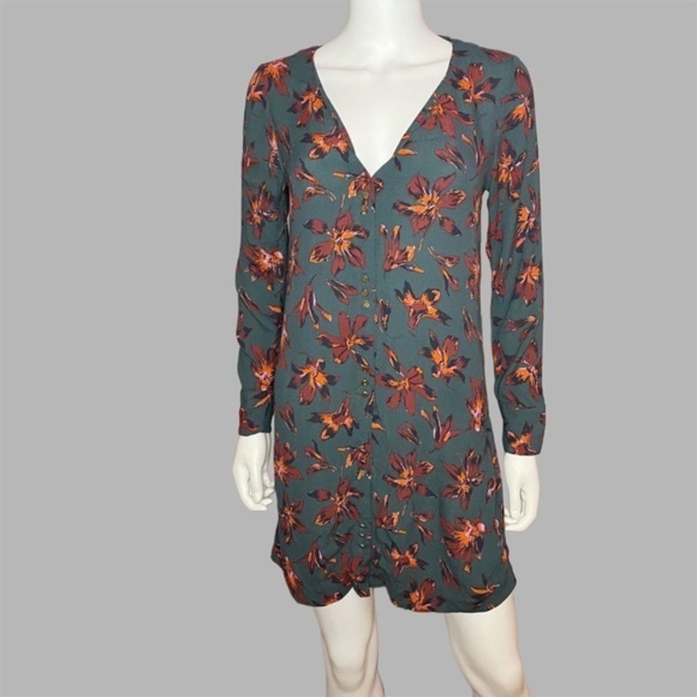Madewell Teal Long Sleeve Button Front Floral Print Shift Dress‎